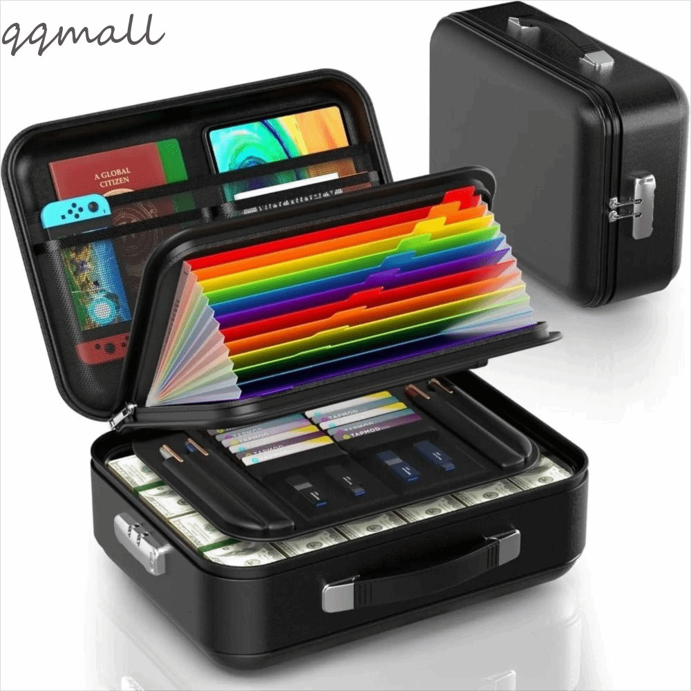 QQMALL กล่องแฟ้มกันไฟ,ถุงรักษาความปลอดภัยไฟล์ทนน้ําทนไฟ,มัลติฟังก์ชั่ฮาร์ดเชลล์ออกแบบรหัสผ่านล็อคกันน้ําแบบพกพาปลอดภัยกรณีสํานักงานใช