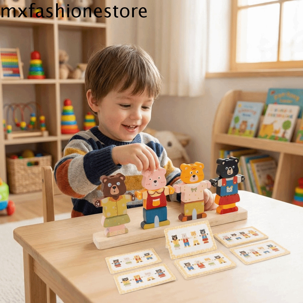 MXFASHIONE ของเล่นคัดแยกสีสําหรับเด็ก, บล็อกซ้อนไม้แบบโต้ตอบรูปหมี, รูปร่างที่มีสีสันจับคู่แต่งตัวบล็อกการ์ตูนหมีแต่งตัวของเล่นบล็อก