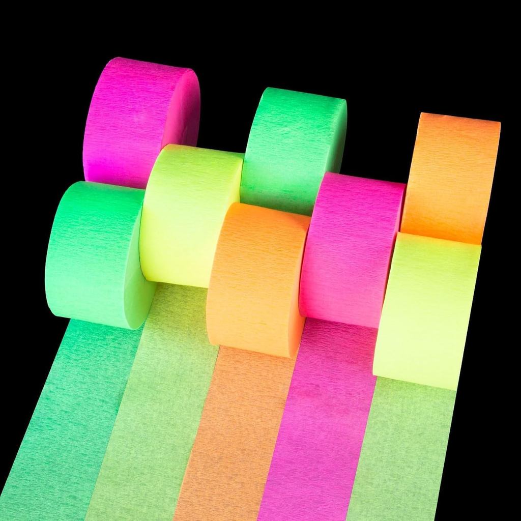 MAQIHAN 656feet Neon Streamers - 8 Rolls Black Light Reactive Fluorescent Crepe Paper Streamers, Neo
