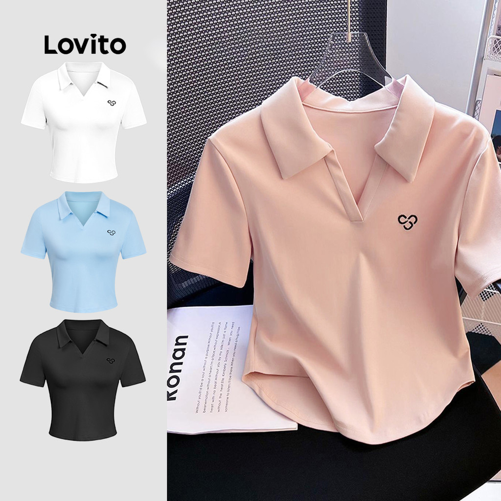 Lovito เสื้อยืดลําลองเสื้อยืดเย็บปักถักร้อยธรรมดาสําหรับผู้หญิง LNE51076 (หลากสี)