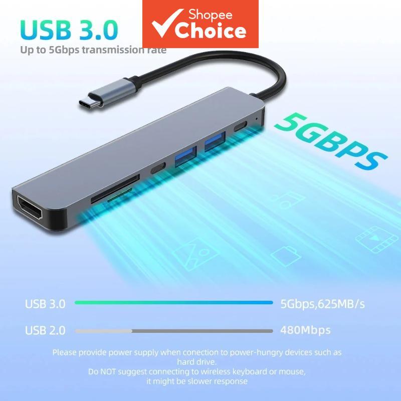 อะแดปเตอร์ฮับ USB C 7-in-1 พร้อมช่องอ่านการ์ด HDMI 4K SD TF, USB 3.0, 2.0, Type-C PD สําหรับอุปกรณ์เ
