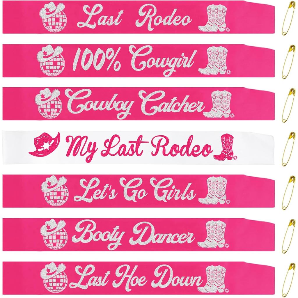 7 ชิ้น Disco Cowgirl Bachelorette Party Sashes, Hot Pink Cowgirl เจ้าสาว Sashes สําหรับ My Last Rode