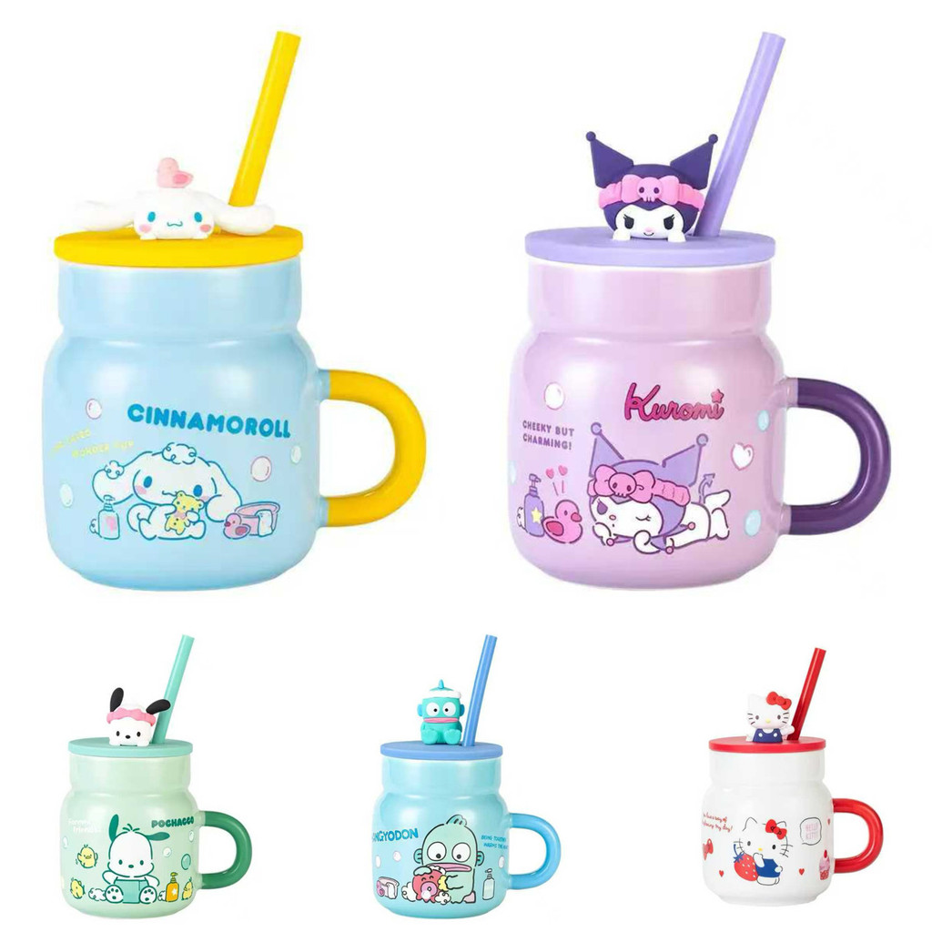 แก้วคิตตี้ RT-Mart Sanrio ถ้วยน้ำหลอดพลังแก้วแก้ว Hello Kitty Yugui Dog ถ้วยฟางคุโรมิ450ml
