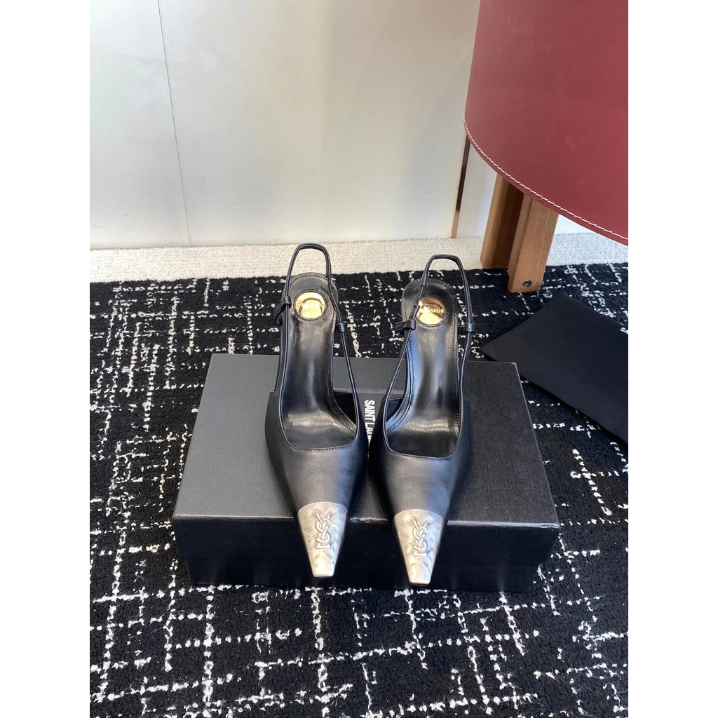 รองเท้าแตะส้นสูงแบรนด์ YSL Saint Laurent แบบคลิป buckle ออกแบบหรูหราและทันสมัย