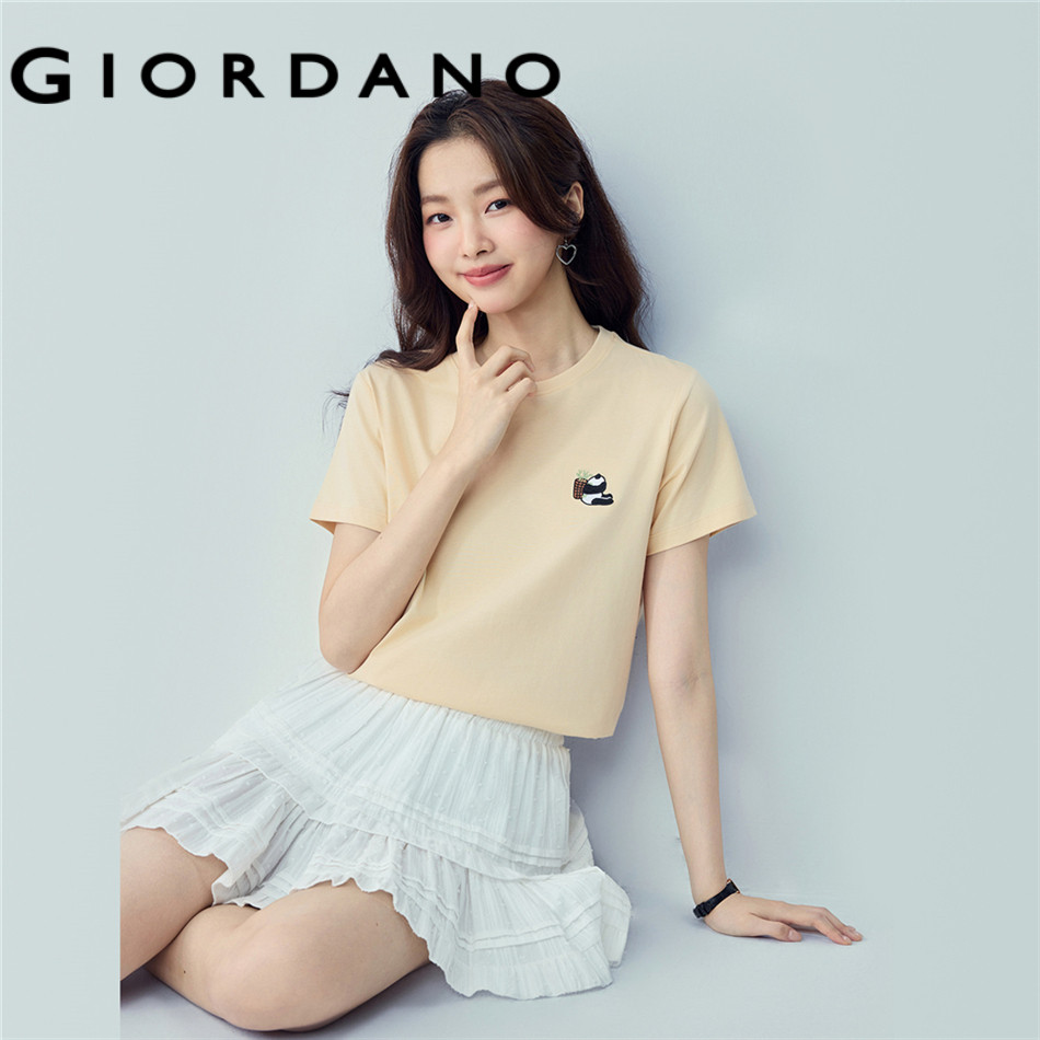 GIORDANO WOMEN 100% Cotton panda embroidery short sleeve tee 13325326 ราคา ถูกที่สุด ดีลบีเคเค
