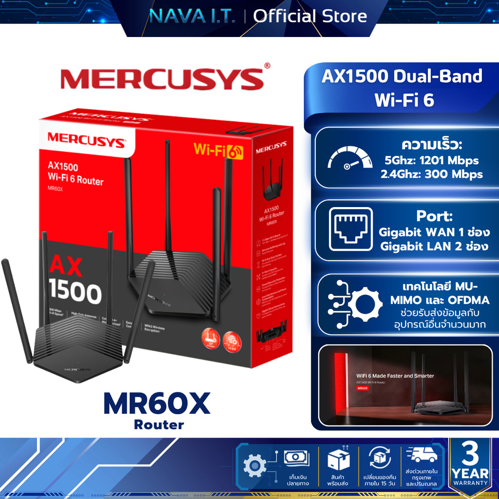 MERCUSYS MR60X AX1500 เราเตอร์ WIFI6 เร้าเตอร์รับสัญญาณ รับประกัน 3 ปี