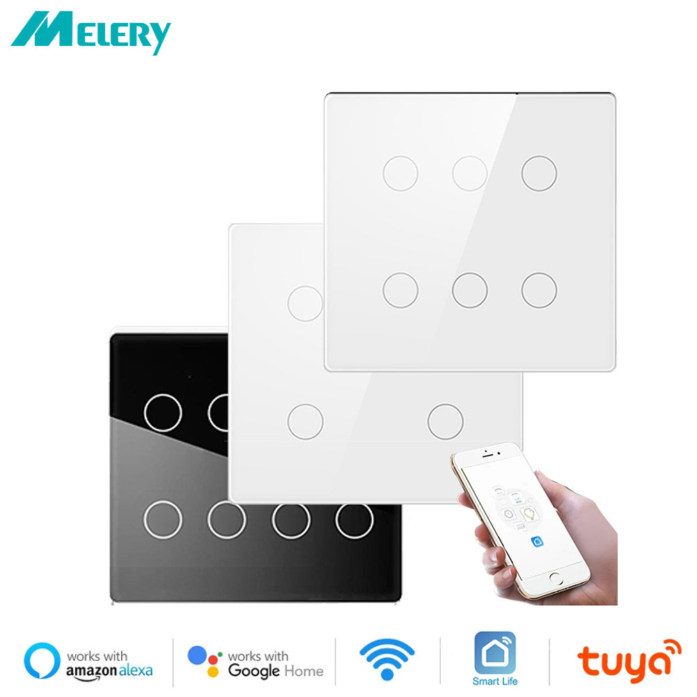Melery Tuya Brazil 4X4 Smart Life สวิตช์ไฟติดผนัง WiFi 4/6/8Gang แผงกระจกเซนเซอร์สัมผัส รีโมตคอนโทรล Alexa Google Home