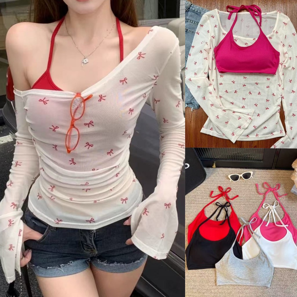 Elves พร้อม💟สายเดี่ยวคล้องคอครอป/เสื้อแขนยาวลายโบว์  สีสดใส ใส่ง่าย  เสื้อผ้าป้องกันแสงแดด(FY6876-L/FYQ7172)