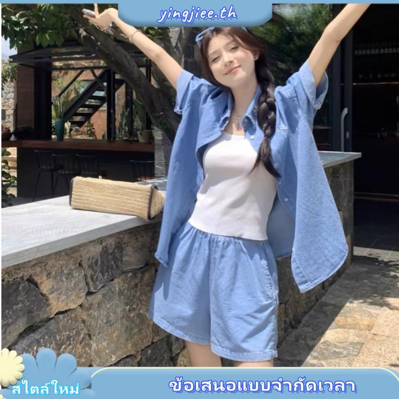 ELFwoo เสื้อยีนส์เลียนแบบโบว์ปักเกาหลี