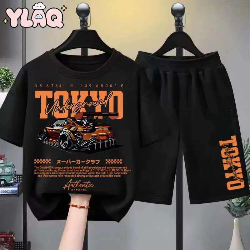 เสื้อยืดพิมพ์ลายสไตล์อเมริกัน พิมพ์ลายแข่งรถ เสื้อยืดสำหรับเด็ก ชุดเด็กผู้ชาย ชุดเด็กผู้ชาย เสื้อ + กางเกง Two-Piece