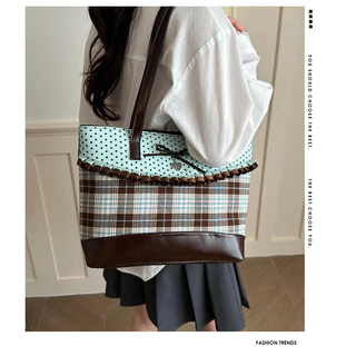 โบว์ตรวจสอบ Retro Checked Polka Dot Tote กระเป๋า Preppy สไตล์ขนาดใหญ่ความจุกระเป๋าถือ Commuter Class กระเป๋าสะพาย