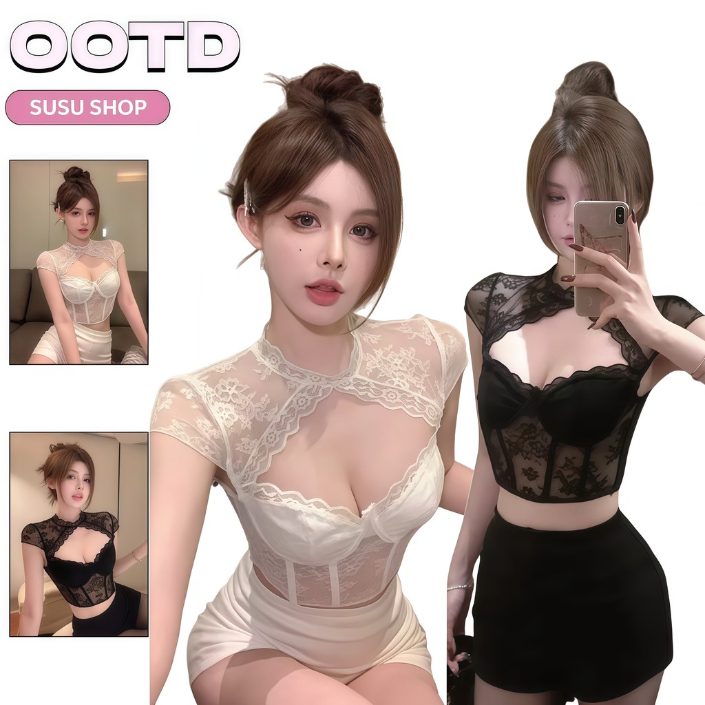 SuSu เสื้อผู้หญิง เสื้อแขนสั้น เว้าหน้า เซ็กซี่ เข้ารูป มีฟองน้ำ ลายลูกไม้ ผ้าซีทรูบางเบา "FY1901" -H