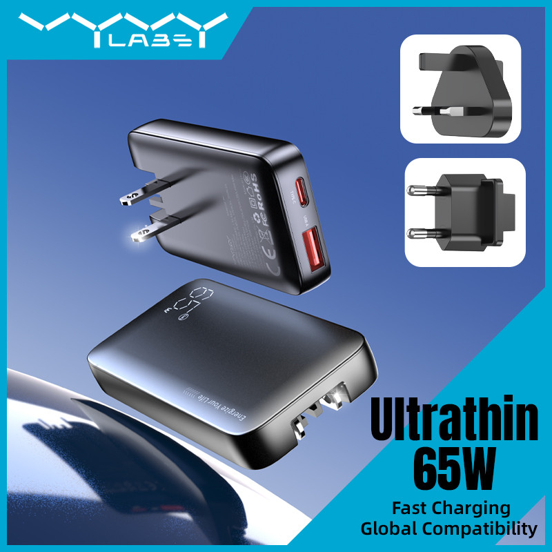 Vyvylabs 65W Ultra-Slim GaN Charger พับ US/EU/UK ปลั๊ก USB Type C Dual Port Fast Charging สําหรับ MacBook แล็ปท็อป Samsung iPhone