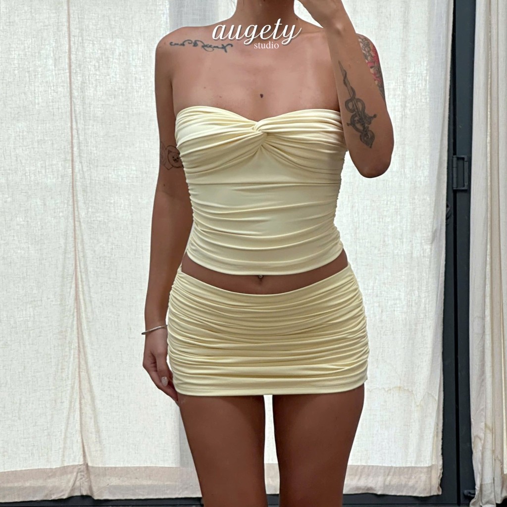 Augety Studio Basic กระโปรงจับจีบเอวต่ําพร้อมกางเกงป้องกัน, กระโปรงมินิไค