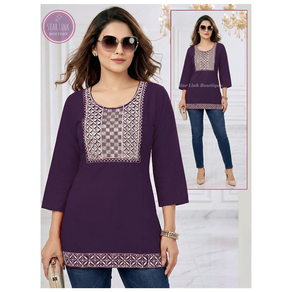 ปักทํางานสั้น Kurti ใหม่อินเทรนด์ตรงสั้น Kurti สําหรับเด็กผู้หญิง