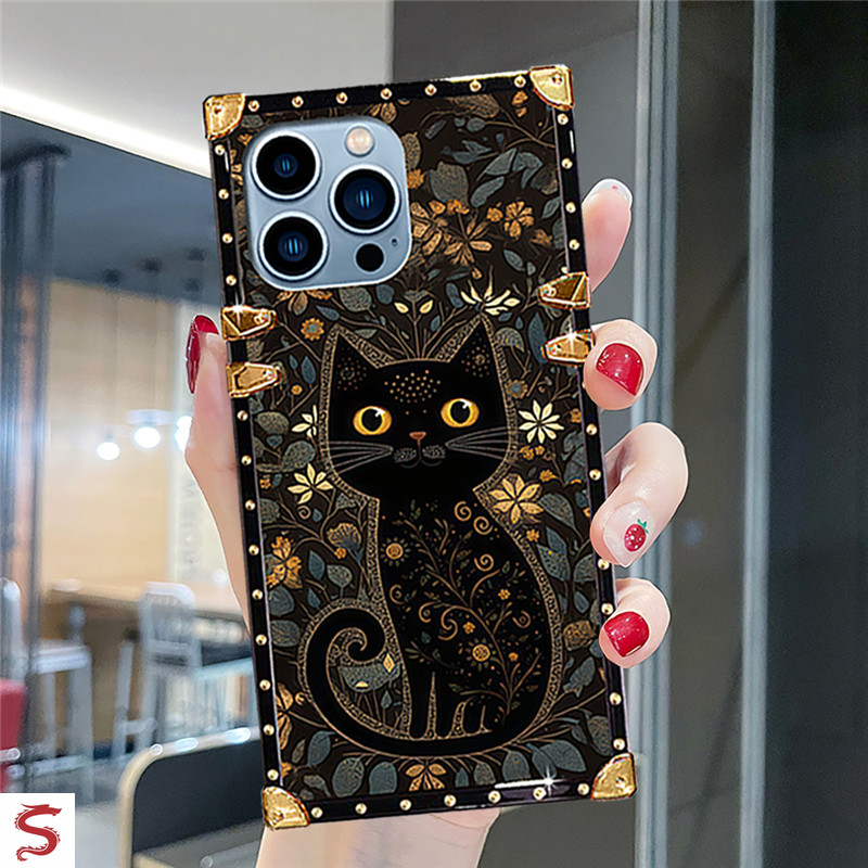 ปลอก iphone 16 Pro Max 17 Air 15 14 13 12 11 14Plus 15Plus แฟชั่นดอกไม้แมวดํารูปแบบเคสโทรศัพท์สี่เหลี่ยมฝาครอบกันกระแทก