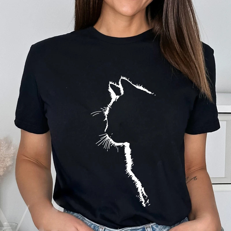 韩国 2026Simple Strokes of Cat ตลกพิมพ์ผู้หญิงเสื้อยืดแฟชั่นสบายๆแขนสั้น Tees O-คอบุคลิกภาพ Street เสื