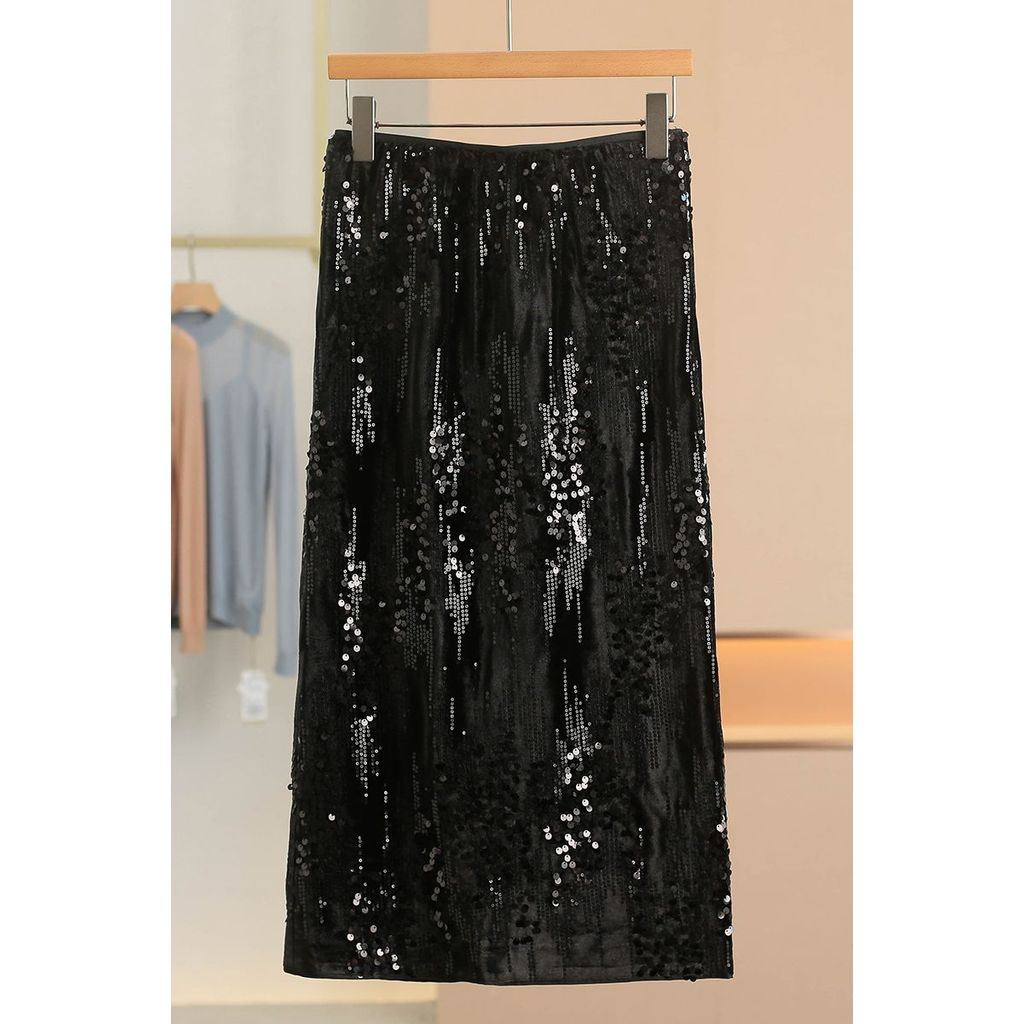 COD 626 [Hang * เกาหลี] กระโปรงผ่าหนังนิ่มปักเลื่อม 2025 ฤดูใบไม้ร่วงเสื้อผ้าผู้หญิงสไตล์ใหม่ 632COD