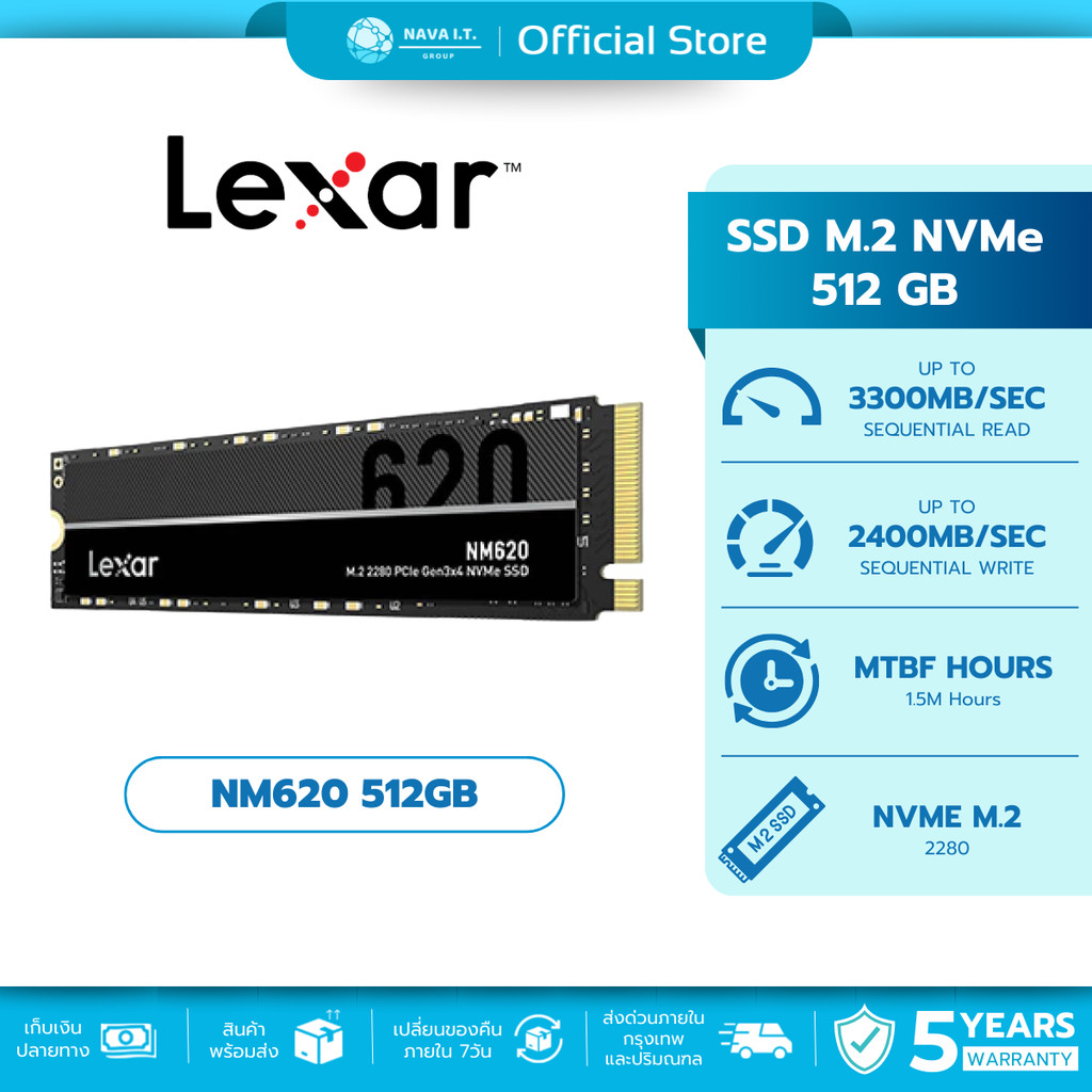(มีส่งด่วน) LEXAR NM620 512GB Internal SSD M.2 2280 PCIe NVMe รับประกัน 5 ปี