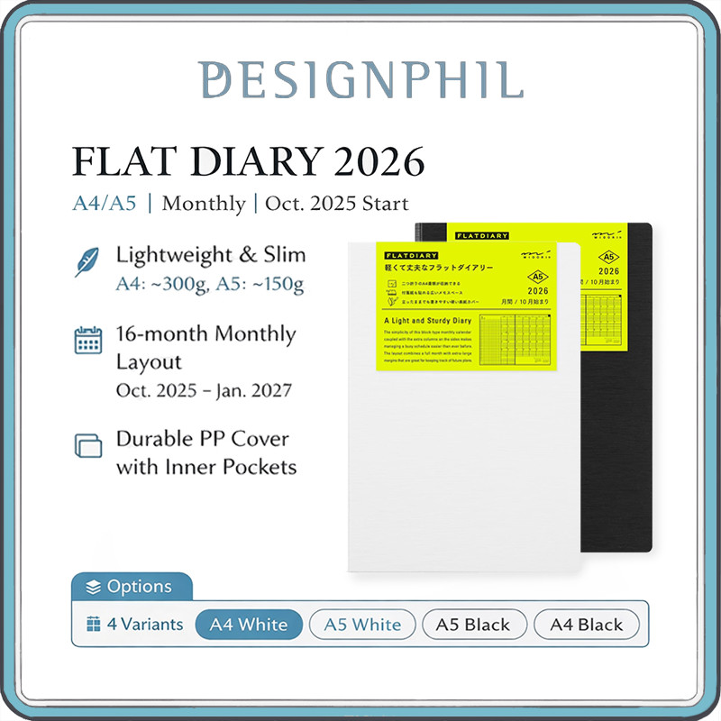 Midori Flat Diary 2026 Monthly Planner – A4 & A5 (White/Black) | 16 Month Oct 2025 Start | Lightweig