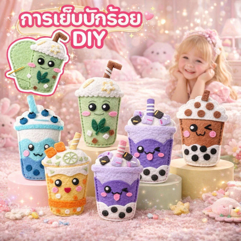 COD ชุดอุปกรณ์เย็บผ้าสักหลาด การ์ตูน น่ารักมาก DIY ธีมชานม สามารถใช้เป็นจี้ได้ เสริมพัฒนาการ