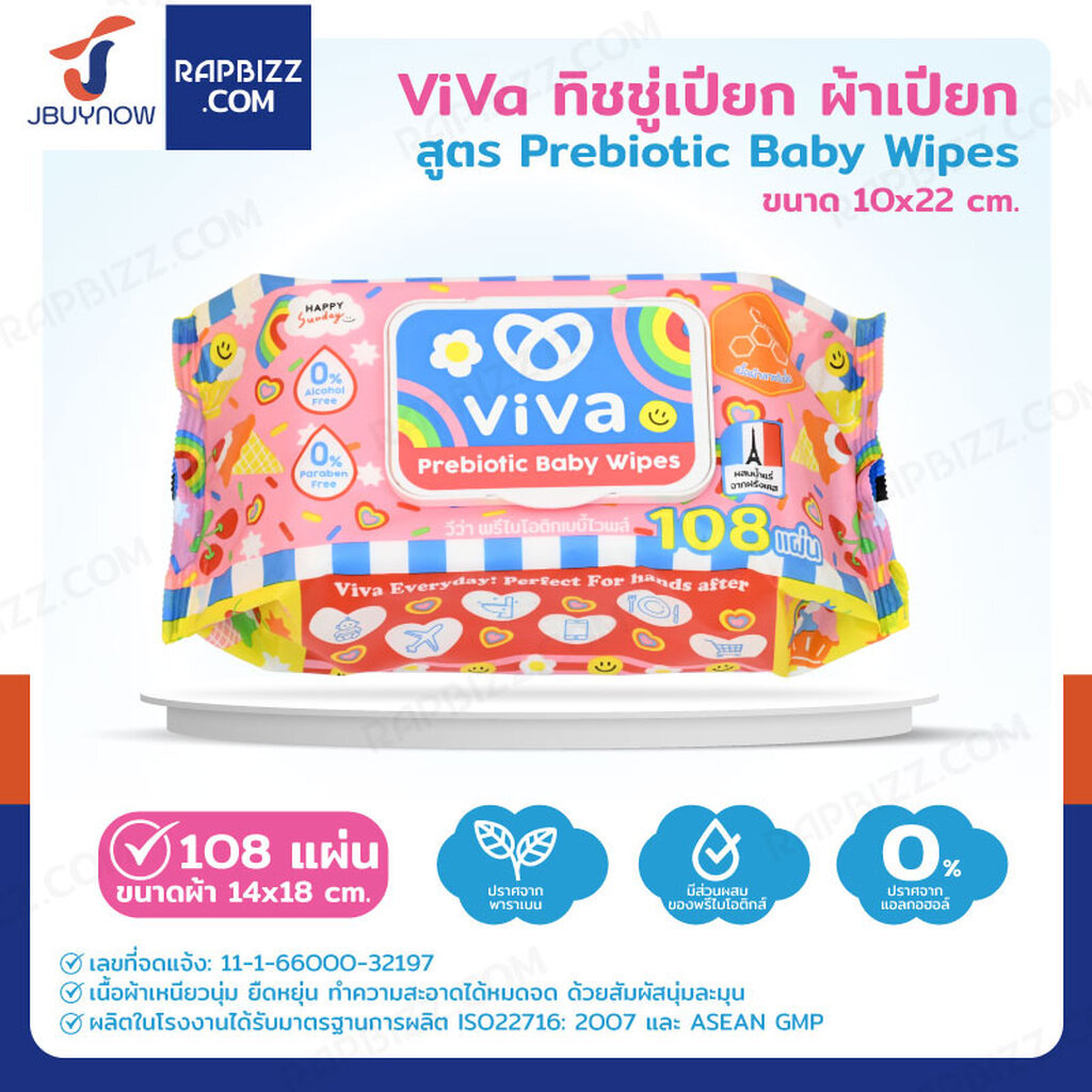 ViVa x Happy Sunday ทิชชู่เปียก ผ้าเปียก สูตร Prebiotic Baby Wipes 108 แผ่น