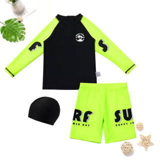 ชุดว่ายน้ำเด็กชาย แขนยาว สีตัดกัน เหมาะสำหรับชายหาดและอุปกรณ…