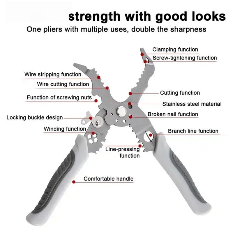 Bright Crown รุ่นใหม่ล่าสุด คีมปอกสายไฟ คีมช่างไฟฟ้าวัสดุสแตนเลส ตัดได้ทั้งสายอ่อนและสายแข็งคีมอเนกประสงค์ NO2040 - รูปที่ 4