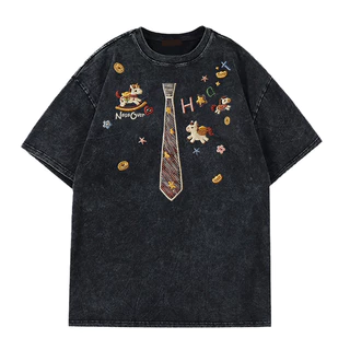 LABZAA เสื้อยืดแขนสั้นคอกลม วินเทจฟอกน้ำ ลายเนกไท Oversized ระบายอากาศ ผ้าฝ้าย 100% YG3240