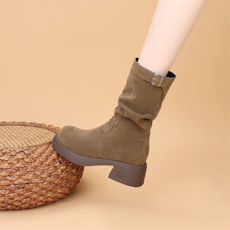 真皮厚底切尔西靴女款2024秋冬新款西部牛仔靴中筒增高复古马丁靴Genuine Leather Platform Chelsea Boots Women Autumn 202420260120