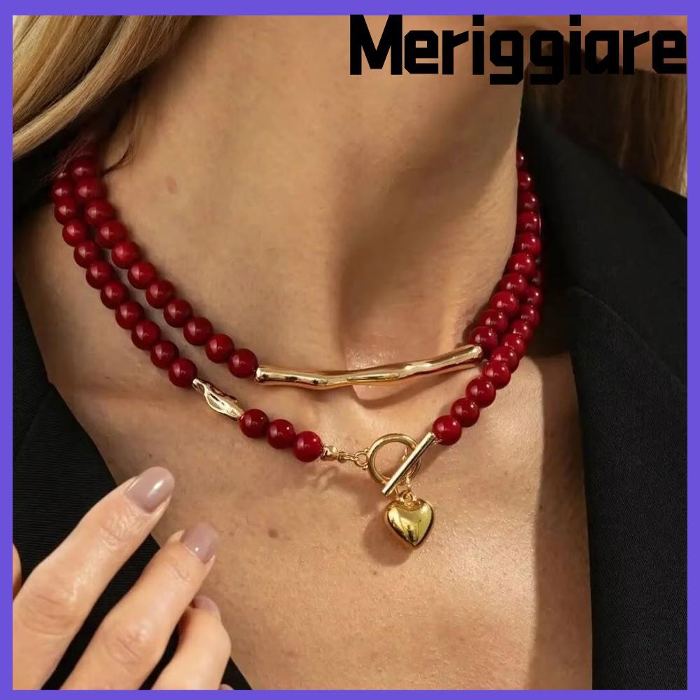 MERIGGIARE 2 ชิ้น/เซ็ต Goth Choker, OT หัวเข็มขัดสีแดงลูกปัดพลาสติก Love Heart สร้อยคอ, Vintage Love