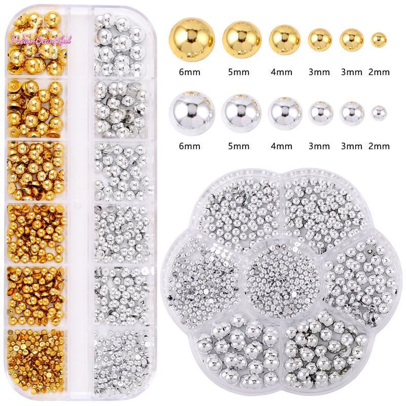 12Grids มุกครึ่งวงกลมทองเงิน Charms ตกแต่งเล็บ อุปกรณ์ร้านทําเล็บ