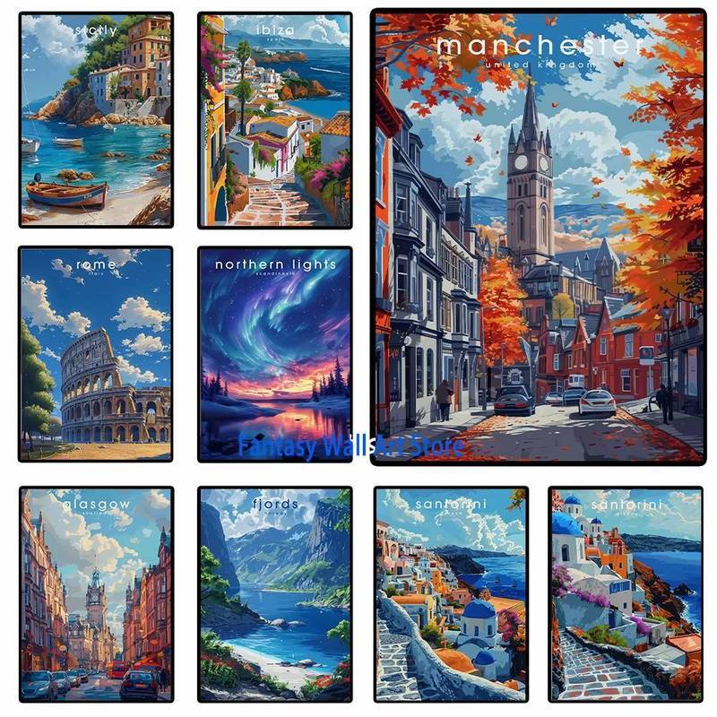 ยุโรปท่องเที่ยวโปสเตอร์ยุโรปธรรมชาติภูมิทัศน์โปสเตอร์ผ้าใบภาพวาด Fjords ภาคเหนือไฟ Cornwall เดินทางต