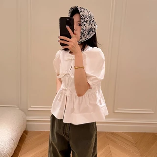 ❤easy❤ผู้หญิง ฝรั่งเศส โบว์ ผูกขึ้น เสื้อแขนสั้น เสื้อเชิ้ต สายรัด แขนพอง ตัวเล็ก เสื้อ