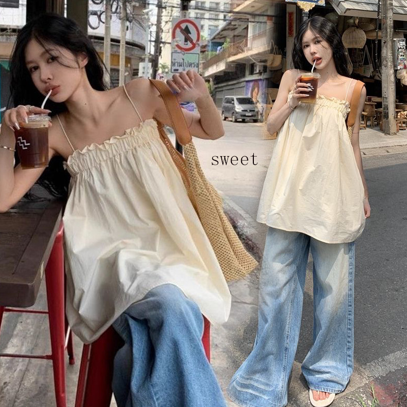 Dahong 💖เสื้อสายเดี่ยว สีพื้น เสื้อสายเดี่ยว ดีเทลสม็อกรอบอก มีซับด้านในใส่สบายสไตล์เกาหลี เกาหลีเกาใจ ใส่แมชง่าย99373
