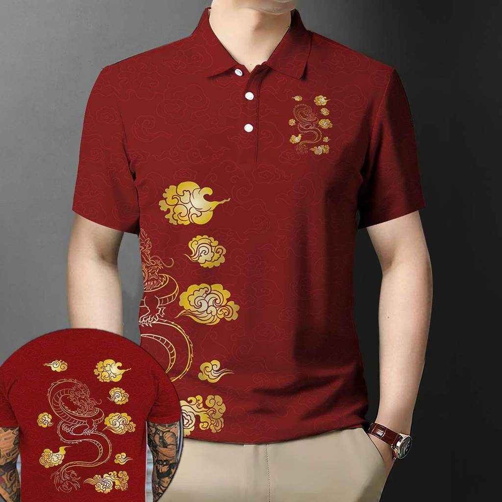 เสื้อโปโลผู้ชายแบบไทยสำหรับตรุษจีน พิมพ์ลายมังกรทองและเมฆ แห้งไว ระบายอากาศดี - รูปที่ 7