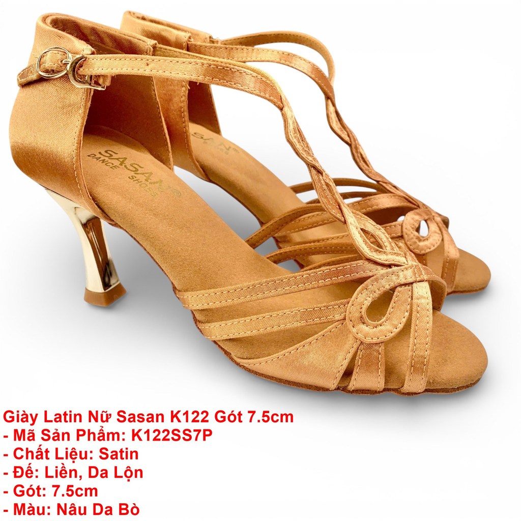 Sasan K122 รองเท้าเต้นรํากีฬาแบบละตินสําหรับผู้หญิง Heel 7.5cm (K122SS7P) - สีน้ําตาลหนังวัว (แถมกระ