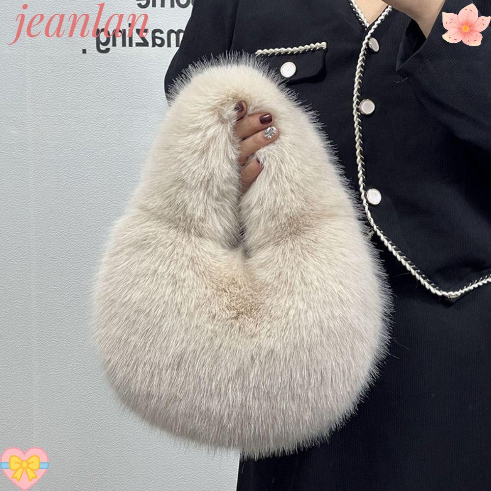 JLAN Lady กระเป๋าครึ่งวงกลมขนสังเคราะห์นุ่มฟลัฟฟี่ เหมาะสำหรับงานปาร์ตี้และวันหยุดพักผ่อน