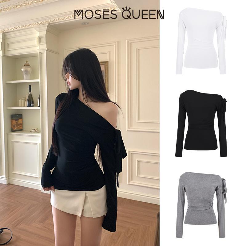 MOSESQUEEN เสื้อ Off-Shoulder แขนยาว สไตล์.slim เหมาะสำหรับวันออกเดทหรือใส่ประจำวัน #63270