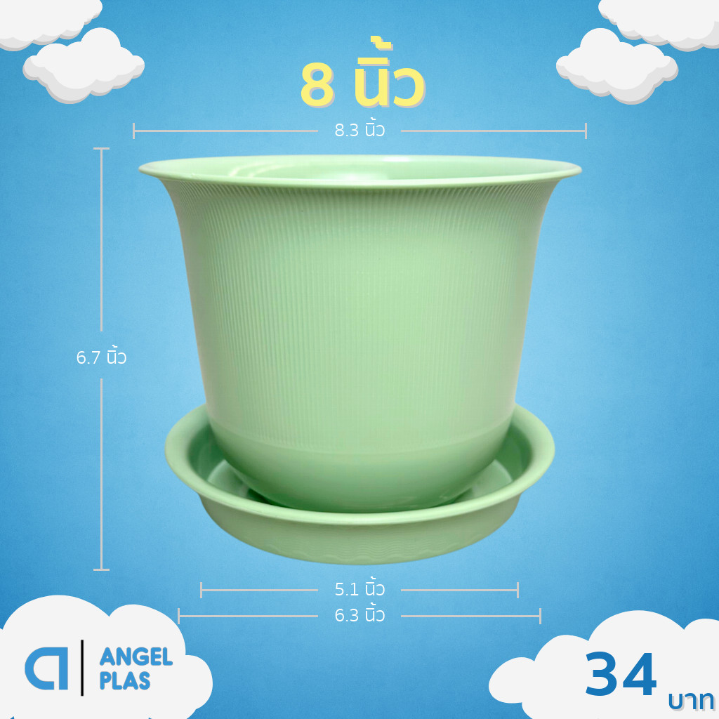 กระถาง กระถางต้นไม้ มินิมอล ถ้วยจีน+จาน ขนาด 8 นิ้ว สีเขียวพาสเทล Bundle 5 ใบ ชิ้น อัน