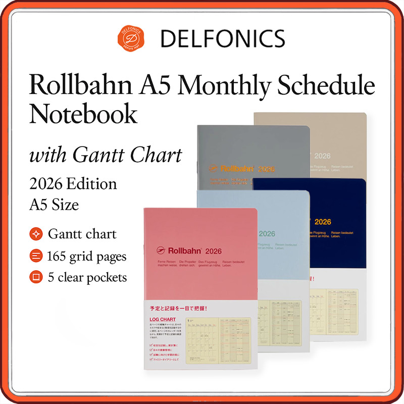 DEL FONICS Rollbahn A5 Planner 2026 – Monthly Schedule Notebook with Gantt Chart | 5 Colors (Light B