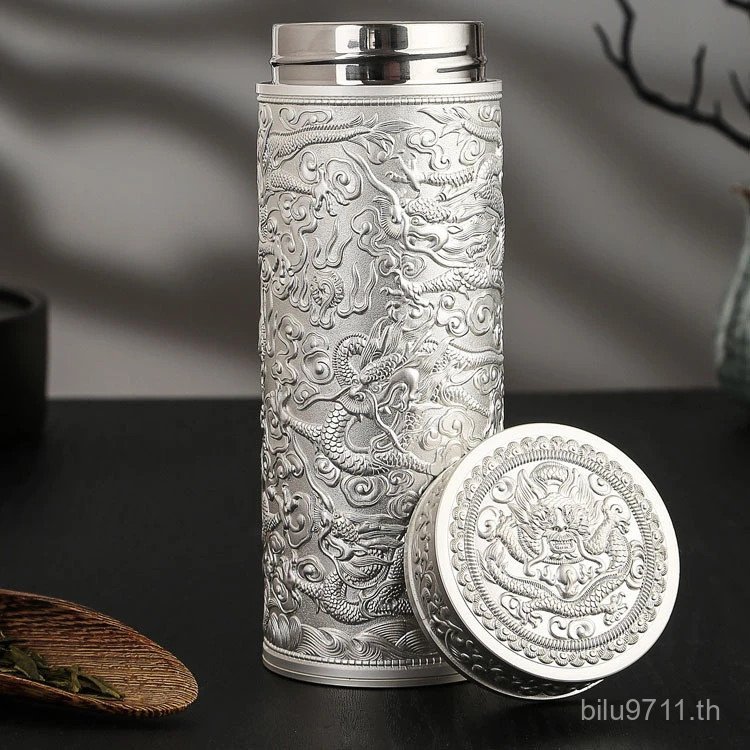 Dragon Silver Nine Silver Lucky Silver Thermos ถ้วยชาย s999 Liner ตัวอักษร Pure High-End นูนชาถ้วย S