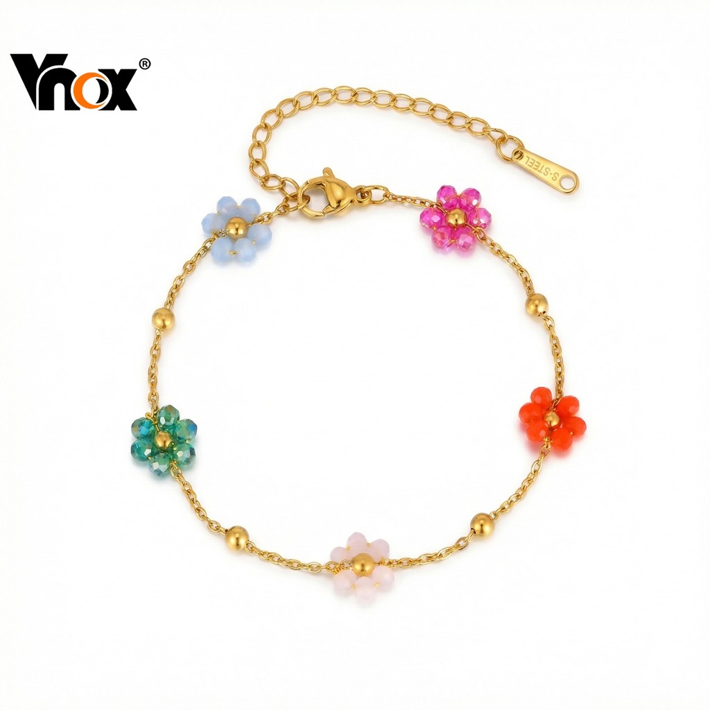 VNOX วีน็อกซ์ 18เค ทองสแตนเลสสร้อยข้อมือลูกปัดดอกไม้ที่มีสีสันสําหรับผู้หญิงสาว,ฤดูร้อนบีชสวมสร้อยข้อมือ,เครื่องประดับขอ