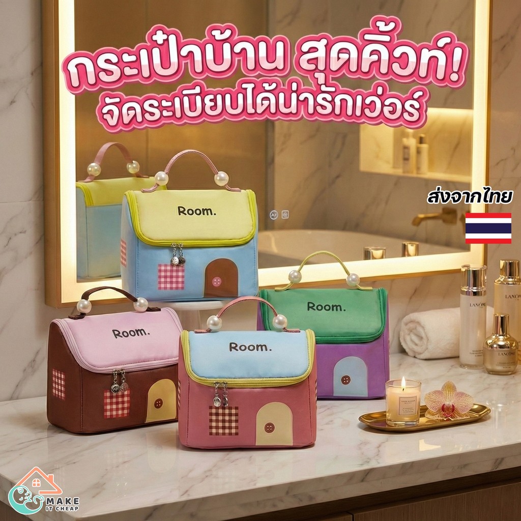 กระเป๋าใส่เครื่องสำอางดีไซน์บ้าน สีหวานละมุน มีหูหิ้ว เก็บของได้หลายช่อง ใช้พกพาหรือจัดระเบียบโต๊ะเครื่องแป้ง