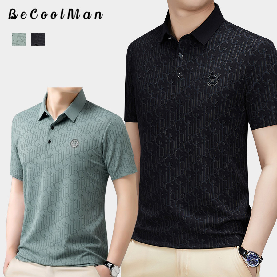 💥BecoolMan💥เสื้อ POLOS ธุรกิจ แขนสั้นผู้ชาย การออกแบบพิมพ์ ปกพับ ลำลอง ใส่สบายระบายอากาศได้ดี