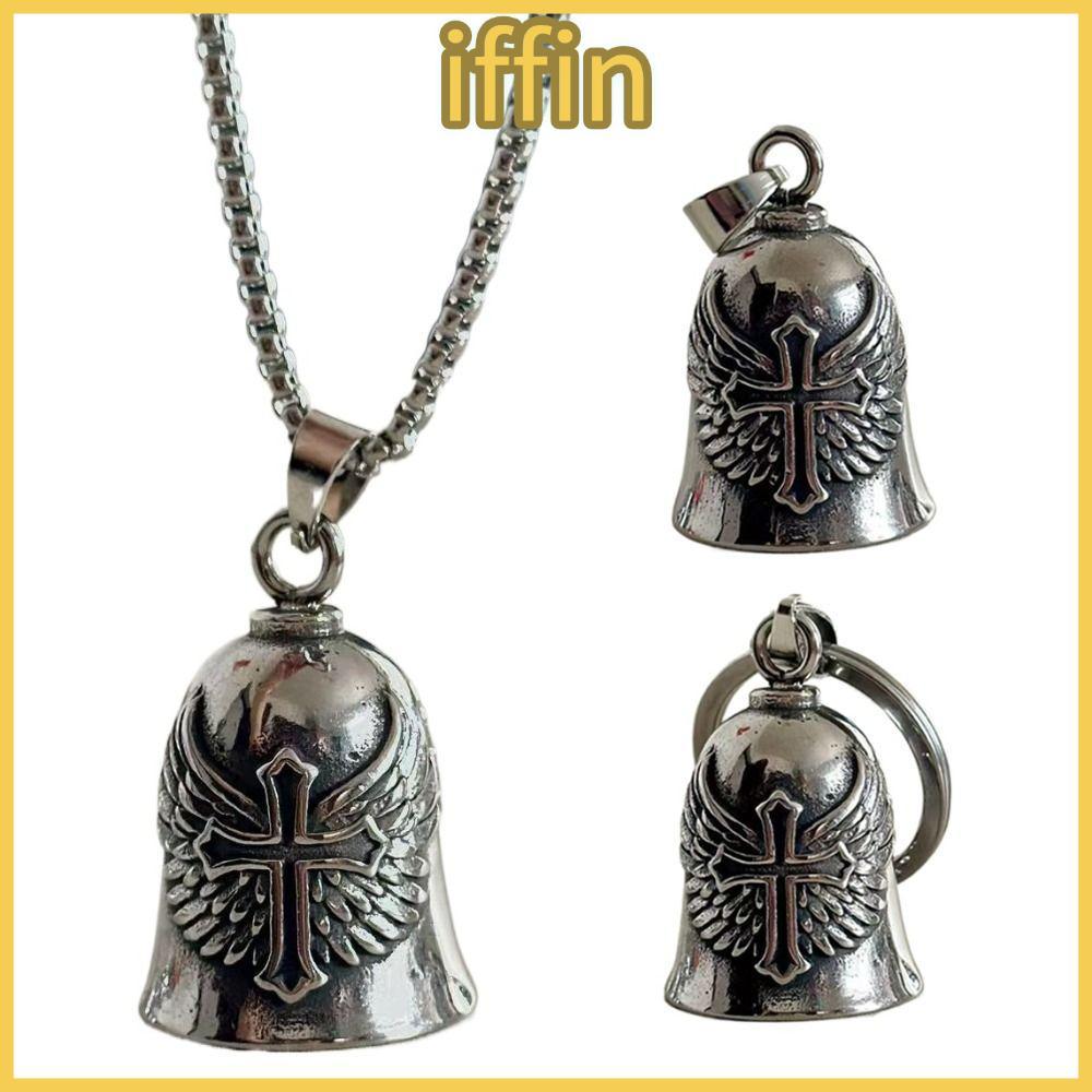 IFFIN กระดิ่งจี้ข้าม, การออกแบบ Punk สไตล์รถจักรยานยนต์ Guardian Bell, Vintage Alloy Retro Wing Design Evil Trap Bell สวมใส่ทุกวัน