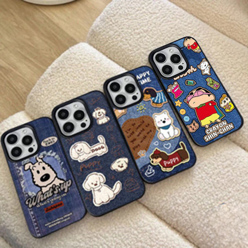 เคสหนังลายสุนัขคู่รักสุดเท่ ลายกระต่าย สีเทียนชินจังสำหรับ IPhone 16 11 13 15 12 14 Pro Max XR XS X Max 16 15 7 8 Plus