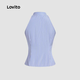 Lovito แคชชวล กระดุมลายทางลําลองเรขาคณิตจีบฤดูร้อนฤดูใบไม้ผลิเสื้อสายเดี่ยวสีฟ้าและสีขาวสําหรับผู้หญิง L135ED386