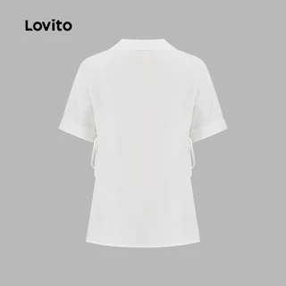 Lovito แคชชวล เสื้อเบลาส์สีขาวฤดูใบไม้ผลิ/ฤดูร้อนผูกเชือกลําลองสําหรับผู้หญิง เกาหลี อินเทรนด์ L136AD094