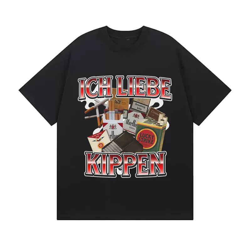 เสื้อยืดลายมีมตลก "Ich Liebe Kippen" สำหรับผู้ชายและผู้หญิง เสื้อยืดแขนสั้นทรงโอเวอร์ไซส์ลำลอง สไตล์